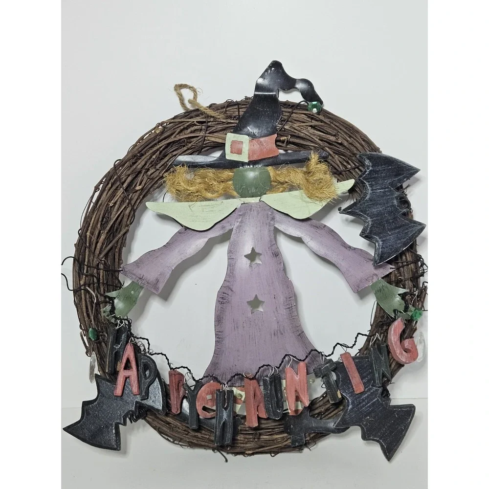 Halloween Witch Grapevine Wreath Happy Haunting Metal Art Door Hanging Vtg 14in
